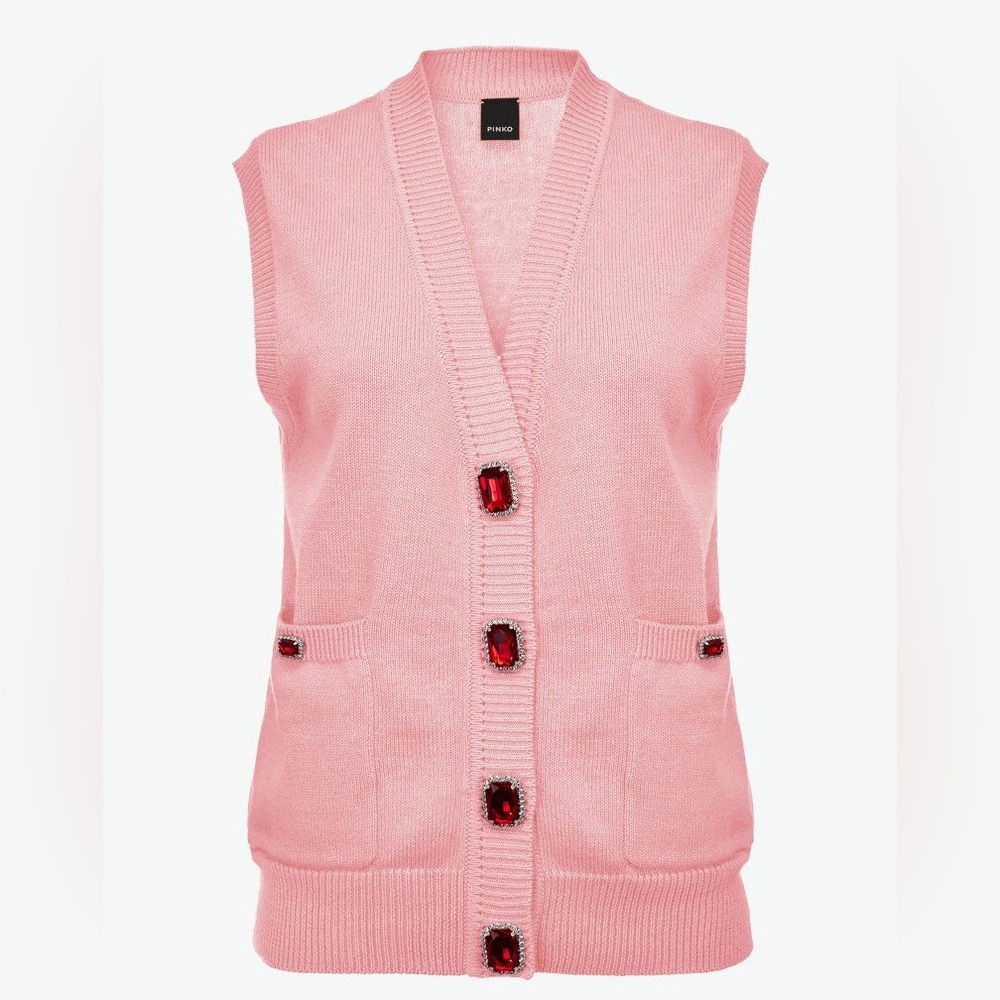 PINKO Pink Cardigan Vest with Red Gem Buttons